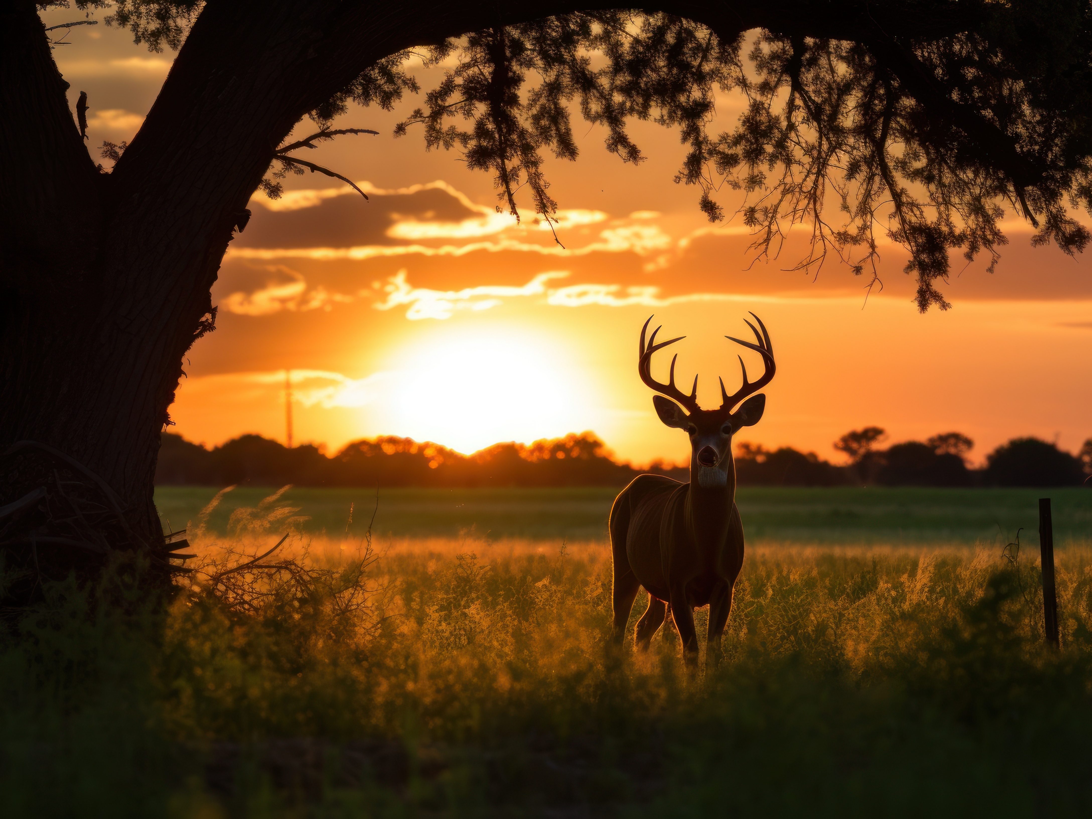 A large whitetail buck standing in a grassy field at sunset, framed by the silhouette of a tree—symbolizing the ideal hunting scenario for precision rifle rounds.